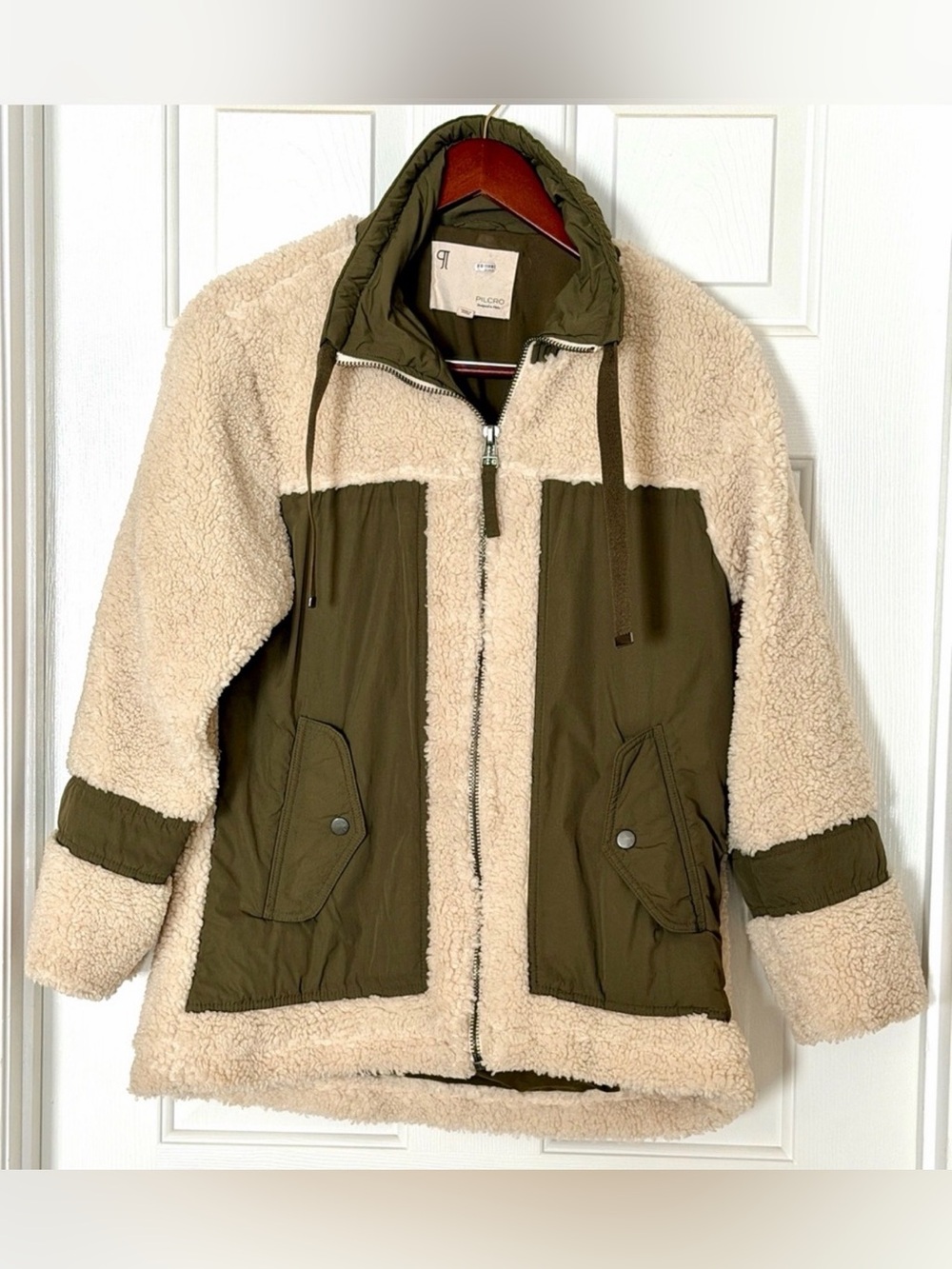 Anthropologie Pilcro Sherpa Fleece Jacket Small Cream Olive Colorblock Utility - Picture 4 of 15